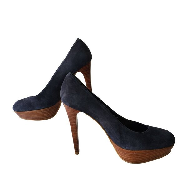 Stuart Weitzman Blue Suede Leather Platform Pump Sz 8 Stiletto Shoe Almond Toe - Picture 1 of 12